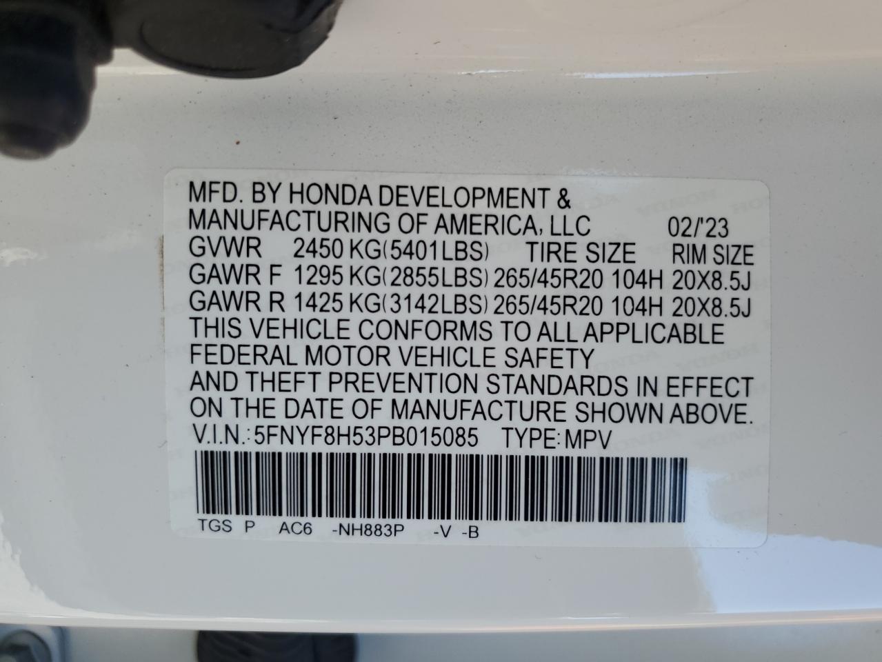 2023 Honda Passport Exl VIN: 5FNYF8H53PB015085 Lot: 62800134