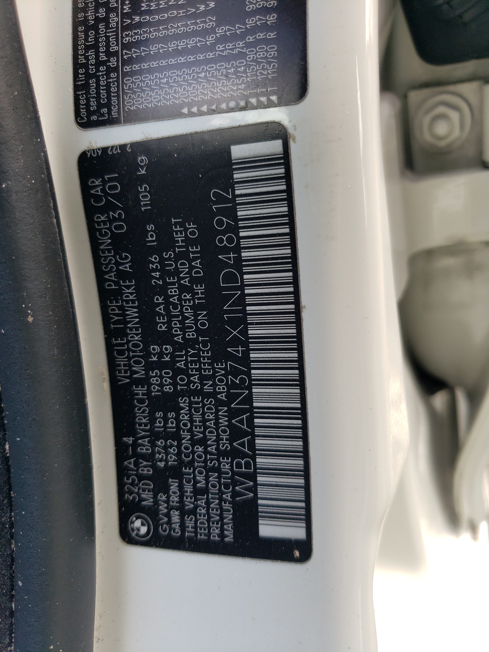 WBAAN374X1ND48912 2001 BMW 325 I