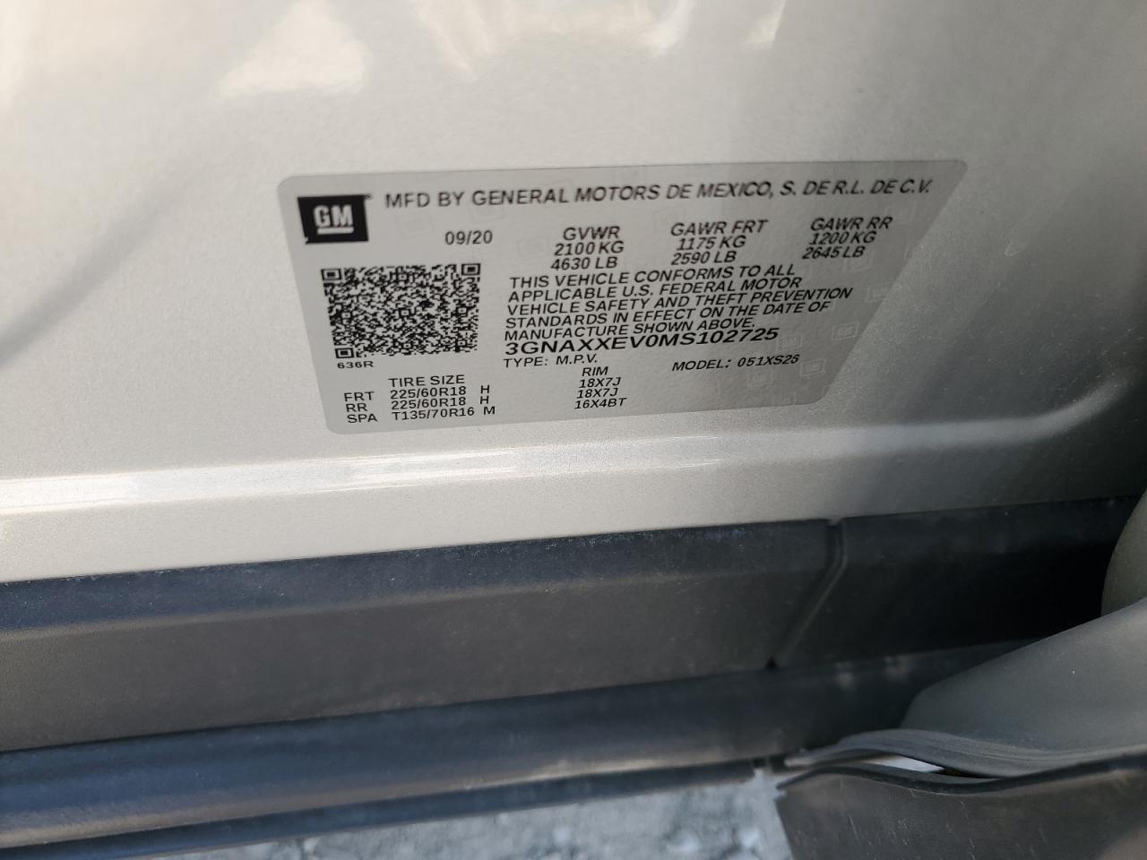 2021 Chevrolet Equinox Premier VIN: 3GNAXXEV0MS102725 Lot: 64419944