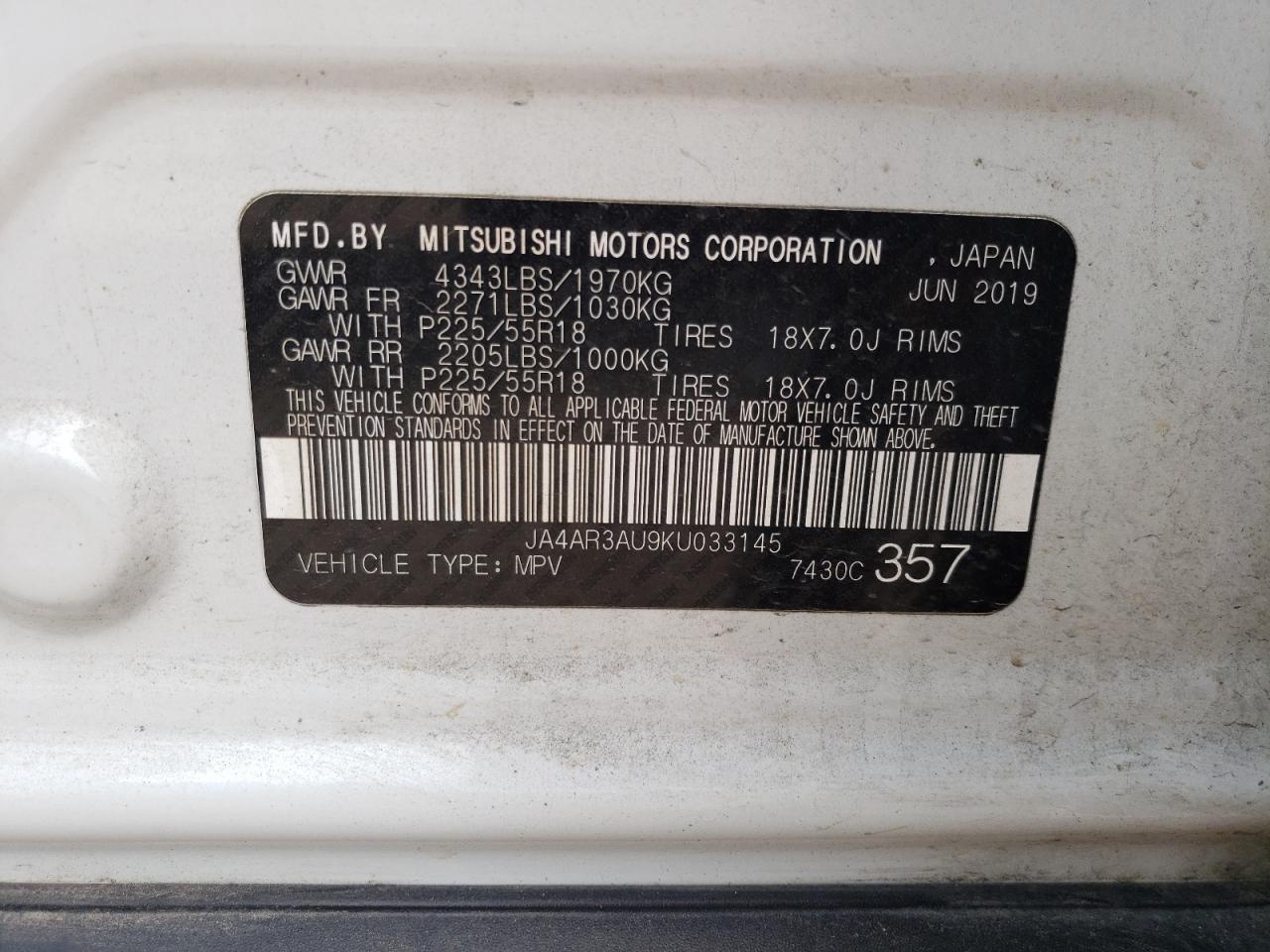 2019 Mitsubishi Outlander Sport Es VIN: JA4AR3AU9KU033145 Lot: 64074034