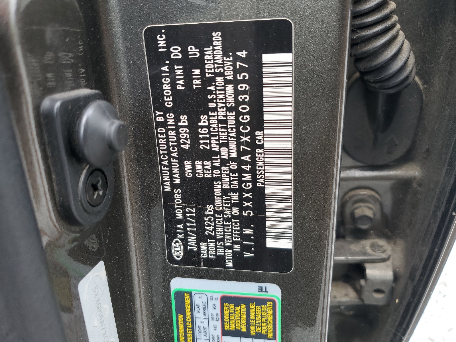 2012 Kia Optima Lx vin: 5XXGM4A7XCG039574