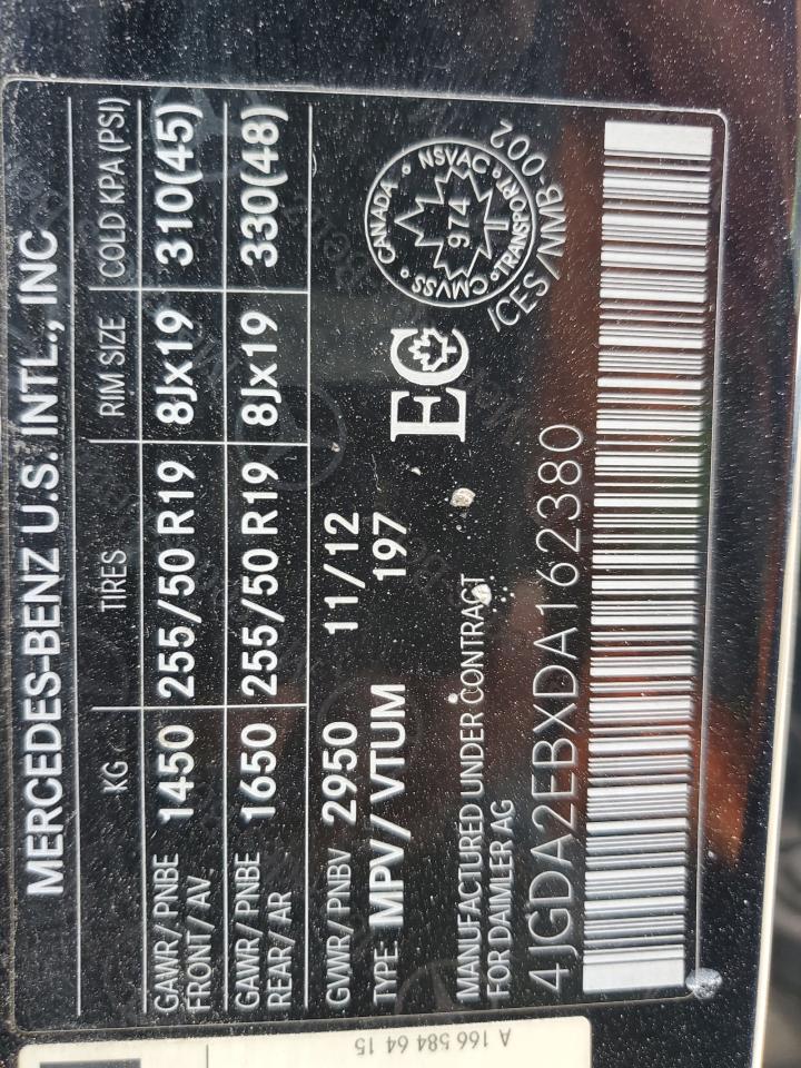 2013 Mercedes-Benz Ml 350 Bluetec VIN: 4JGDA2EBXDA162380 Lot: 64662374