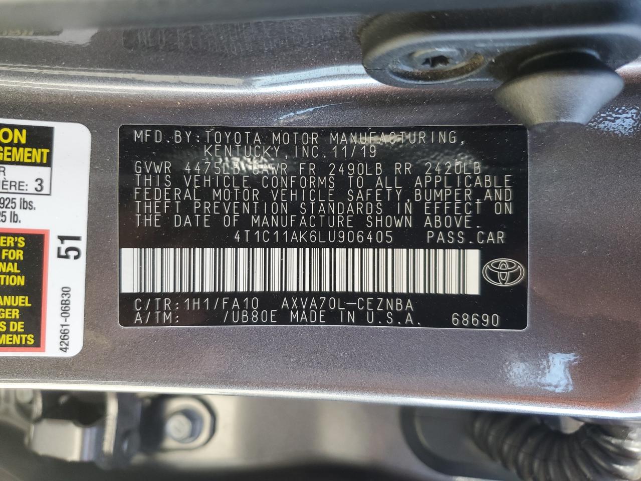 4T1C11AK6LU906405 2020 Toyota Camry Le