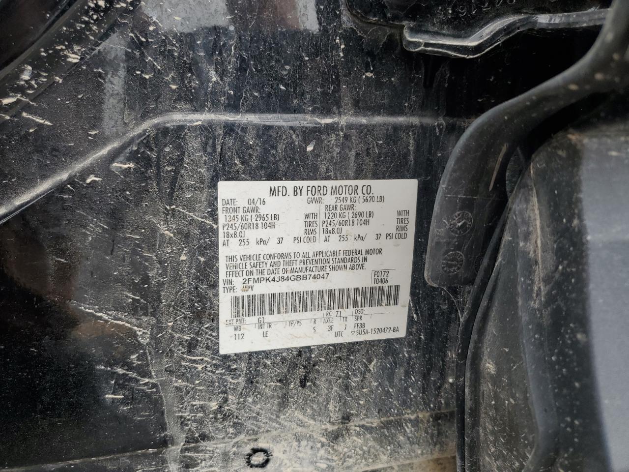 2016 Ford Edge Sel VIN: 2FMPK4J84GBB74047 Lot: 61826034