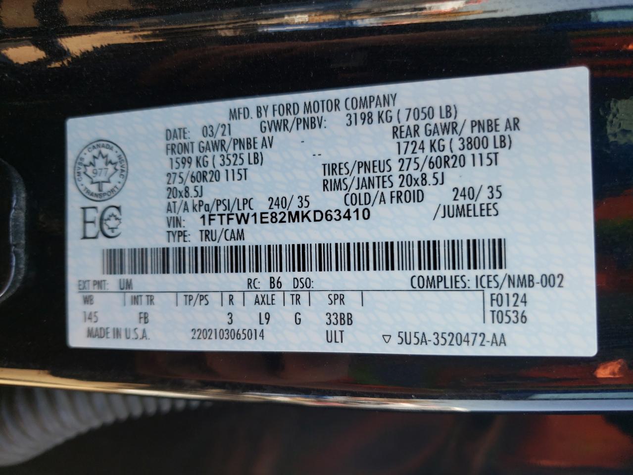 2021 Ford F150 Supercrew VIN: 1FTFW1E82MKD63410 Lot: 88063145