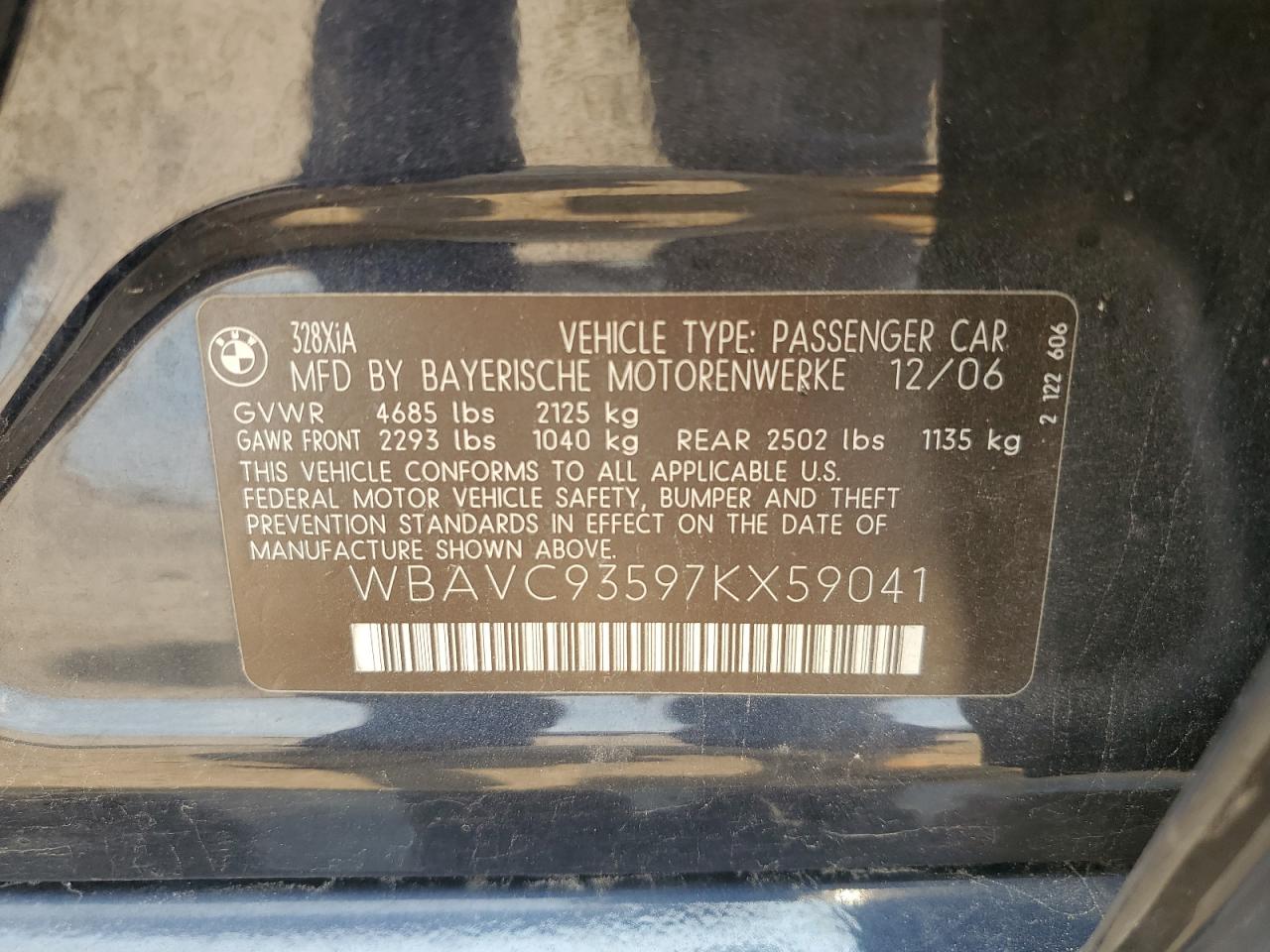 2007 BMW 328 Xi VIN: WBAVC93597KX59041 Lot: 62961354