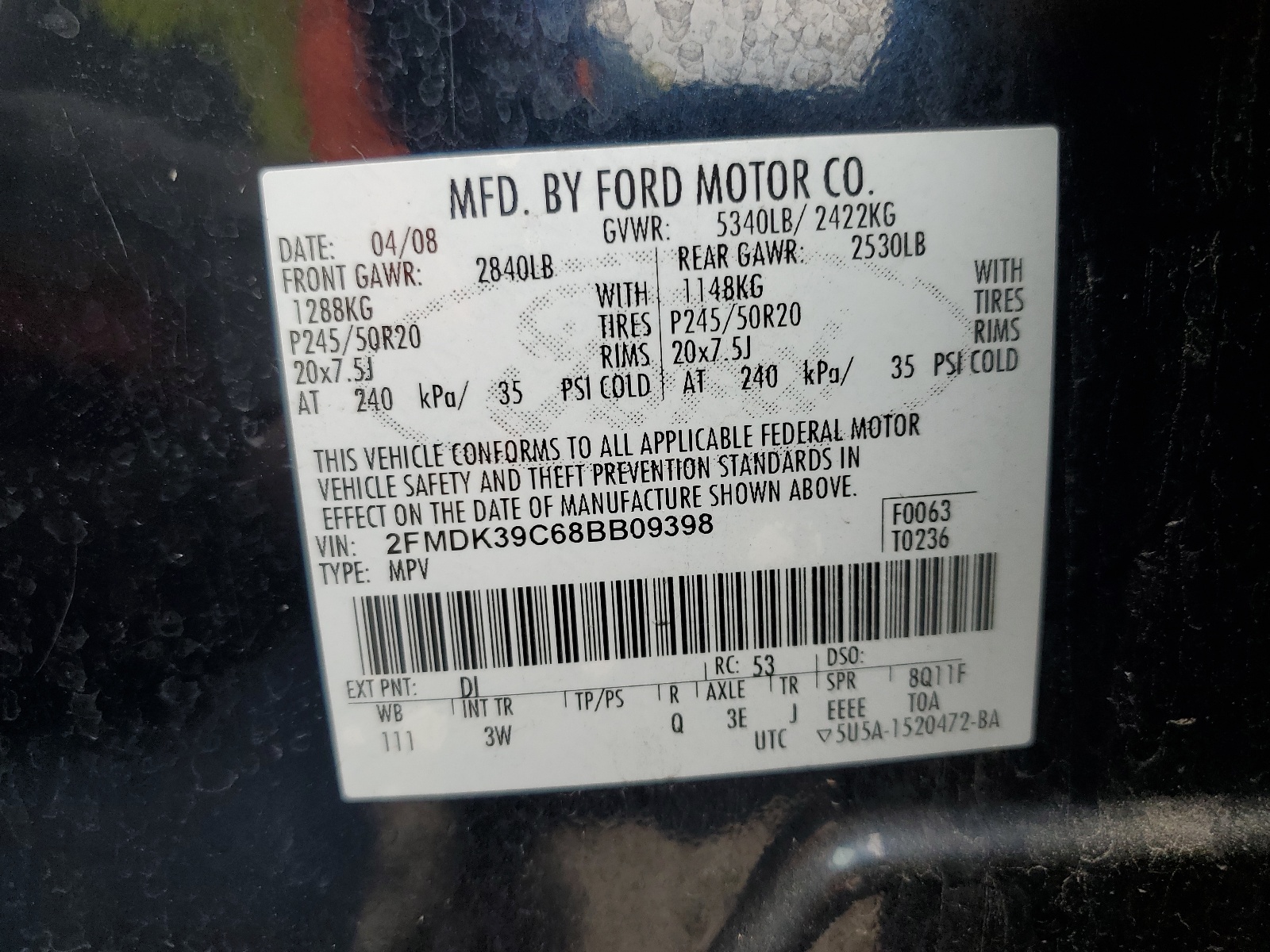 2FMDK39C68BB09398 2008 Ford Edge Limited