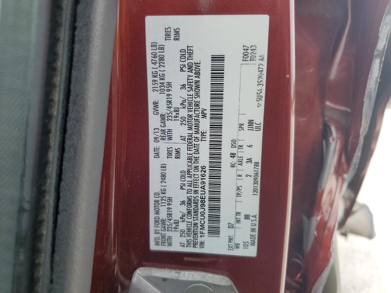 2014 Ford Escape Titanium VIN: 1FMCU0J98EUA91626 Lot: 63818584