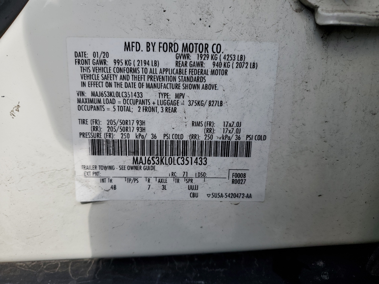 MAJ6S3KL0LC351433 2020 Ford Ecosport Titanium