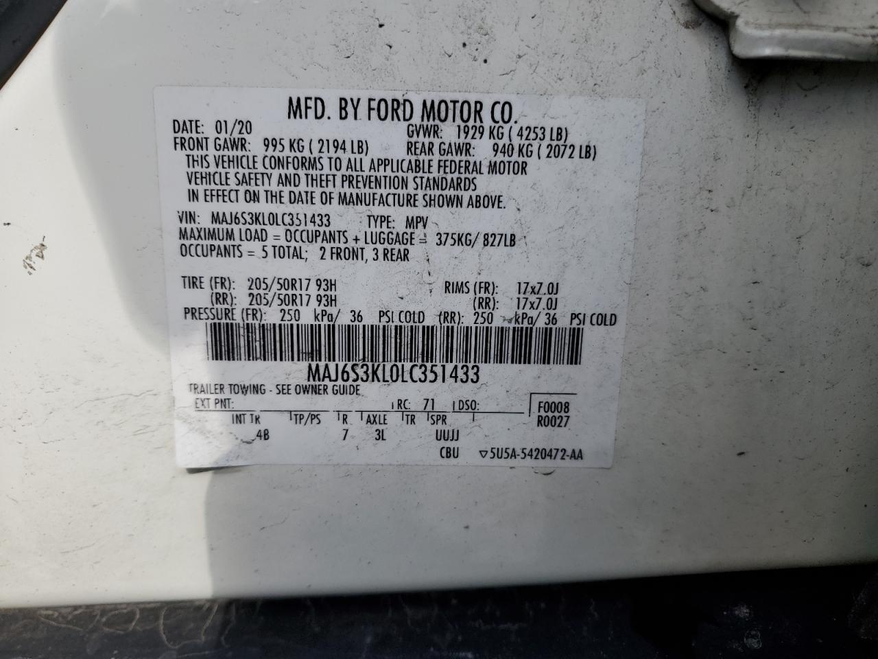 2020 Ford Ecosport Titanium VIN: MAJ6S3KL0LC351433 Lot: 61562894