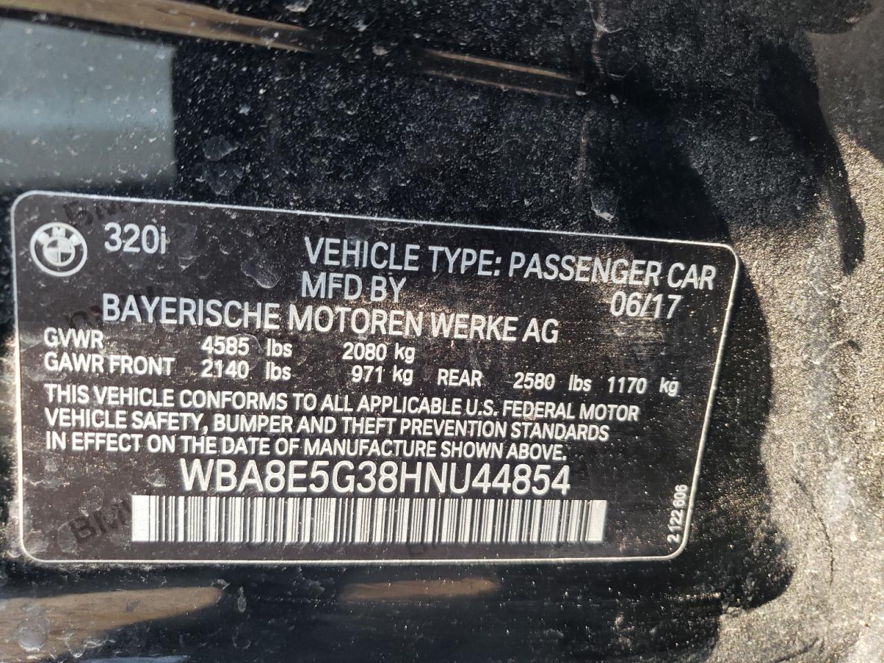 2017 BMW 320 Xi VIN: WBA8E5G38HNU44854 Lot: 63278094