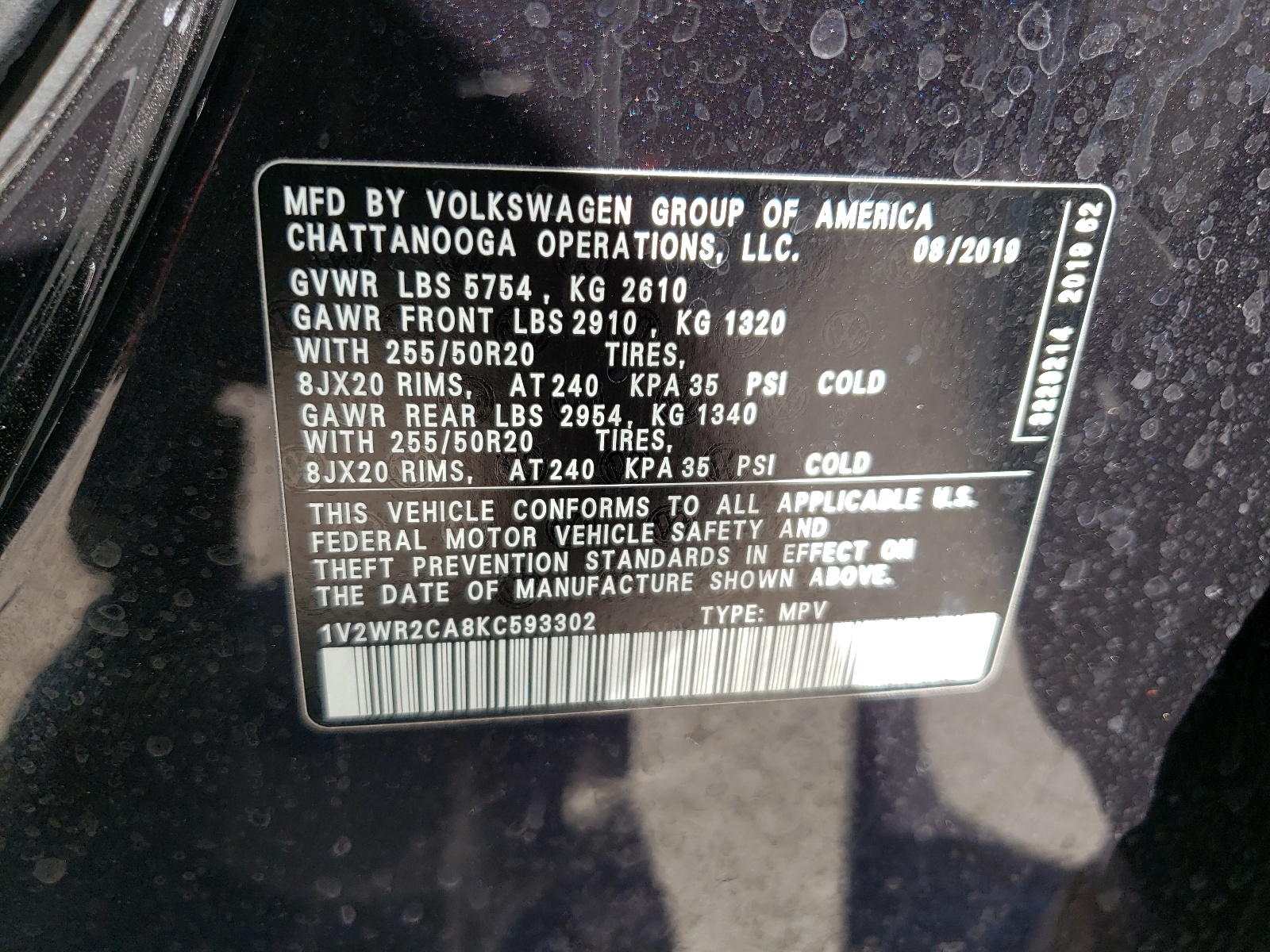 1V2WR2CA8KC593302 2019 Volkswagen Atlas Se