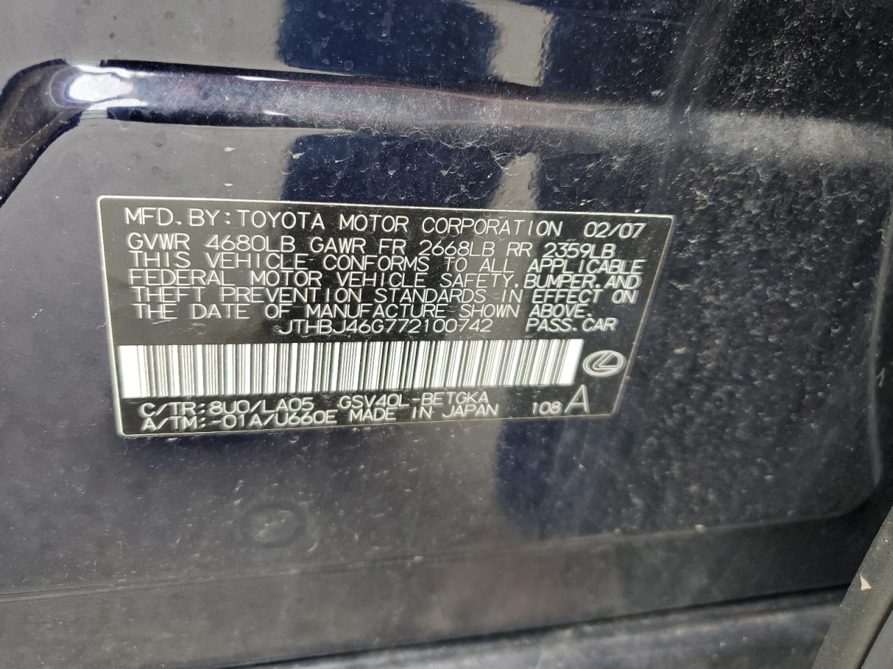 2007 Lexus Es 350 VIN: JTHBJ46G772100742 Lot: 64228104