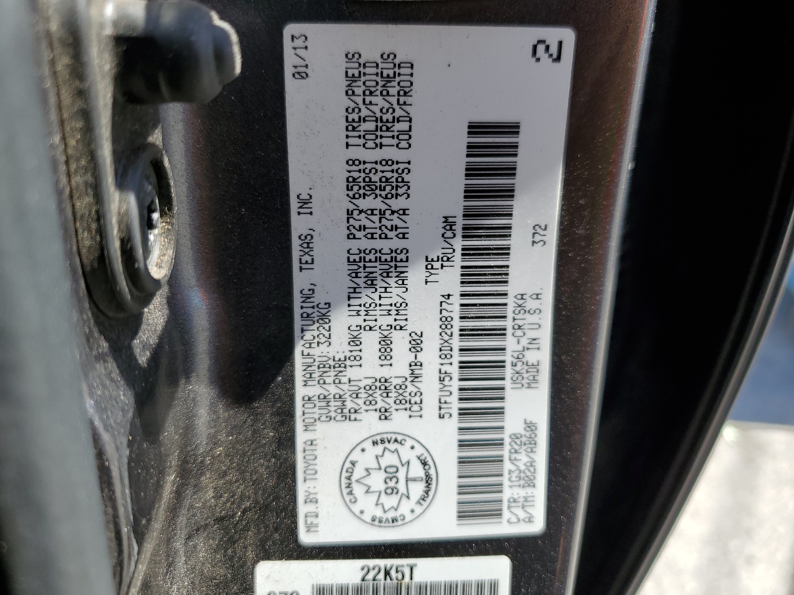 5TFUY5F18DX288774 2013 Toyota Tundra Double Cab Sr5