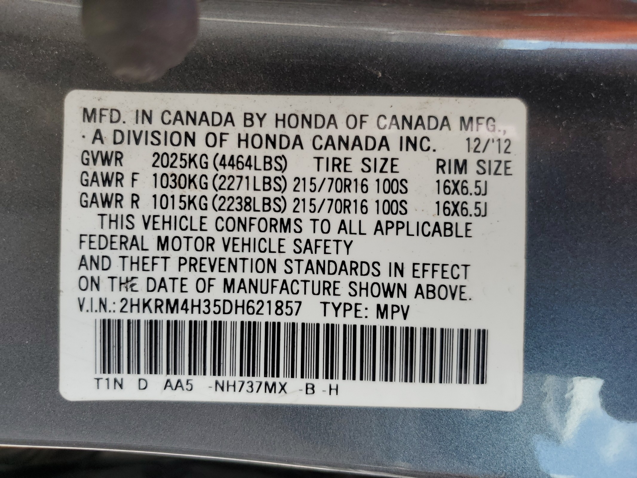 2HKRM4H35DH621857 2013 Honda Cr-V Lx