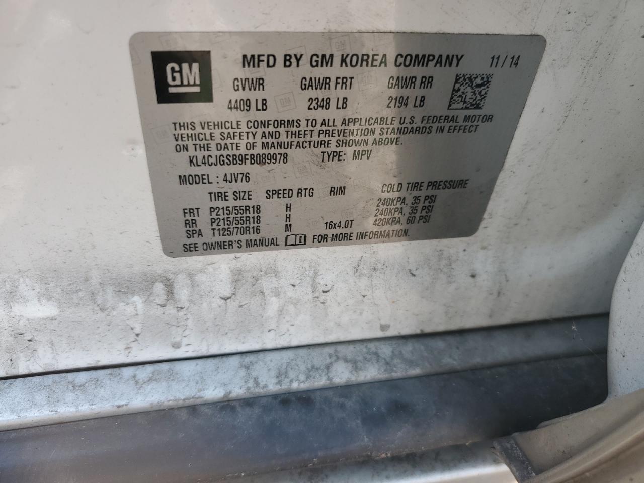 2015 BUICK ENCORE with VANDALISM damage, VIN KL4CJGSB9FB089978