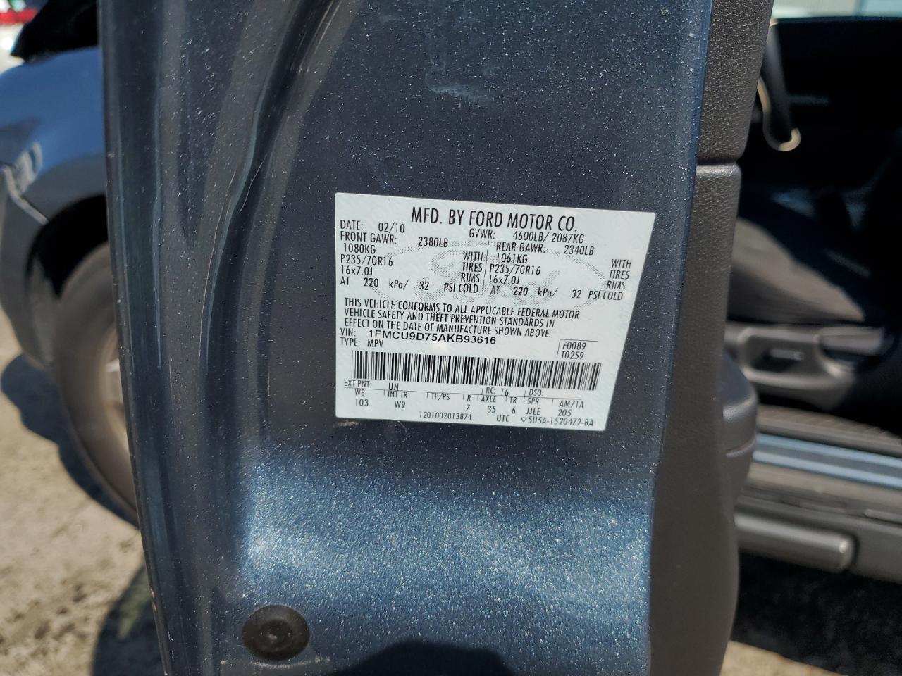 2010 Ford Escape Xlt VIN: 1FMCU9D75AKB93616 Lot: 63517714