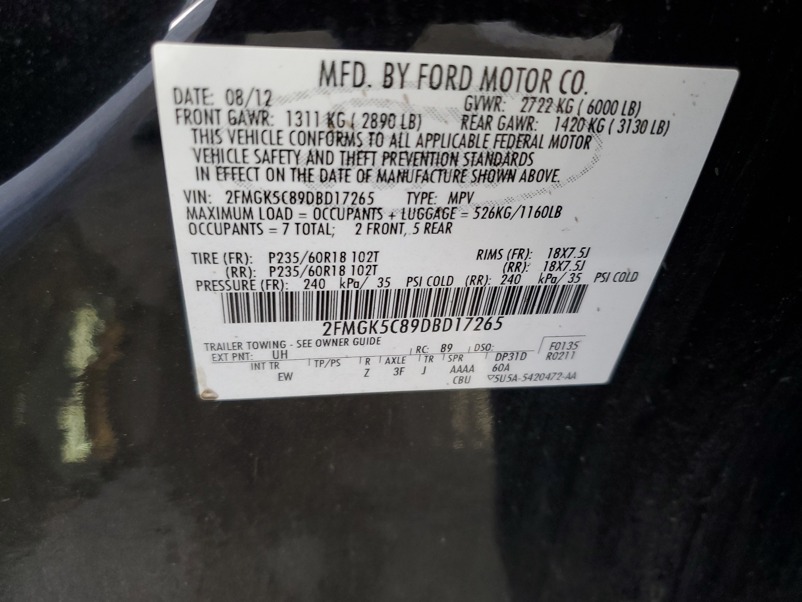 2FMGK5C89DBD17265 2013 Ford Flex Sel