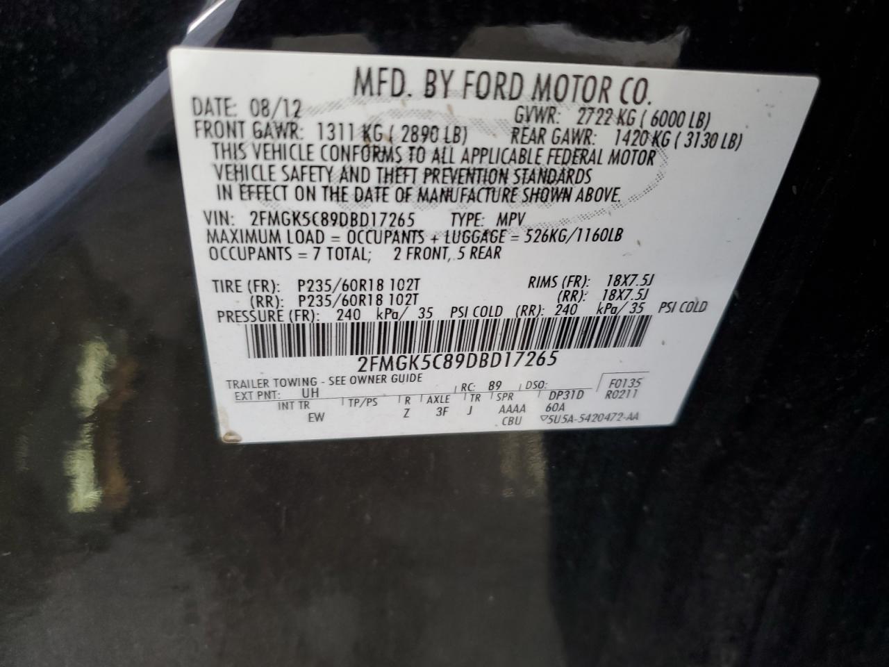 2013 Ford Flex Sel VIN: 2FMGK5C89DBD17265 Lot: 61444134