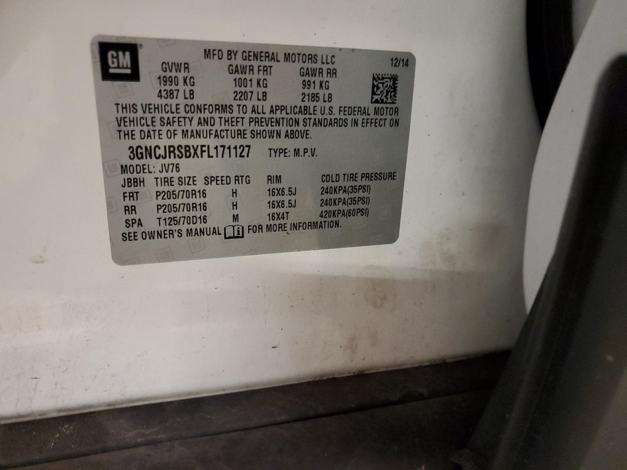 2015 Chevrolet Trax 1Lt VIN: 3GNCJRSBXFL171127 Lot: 65533304