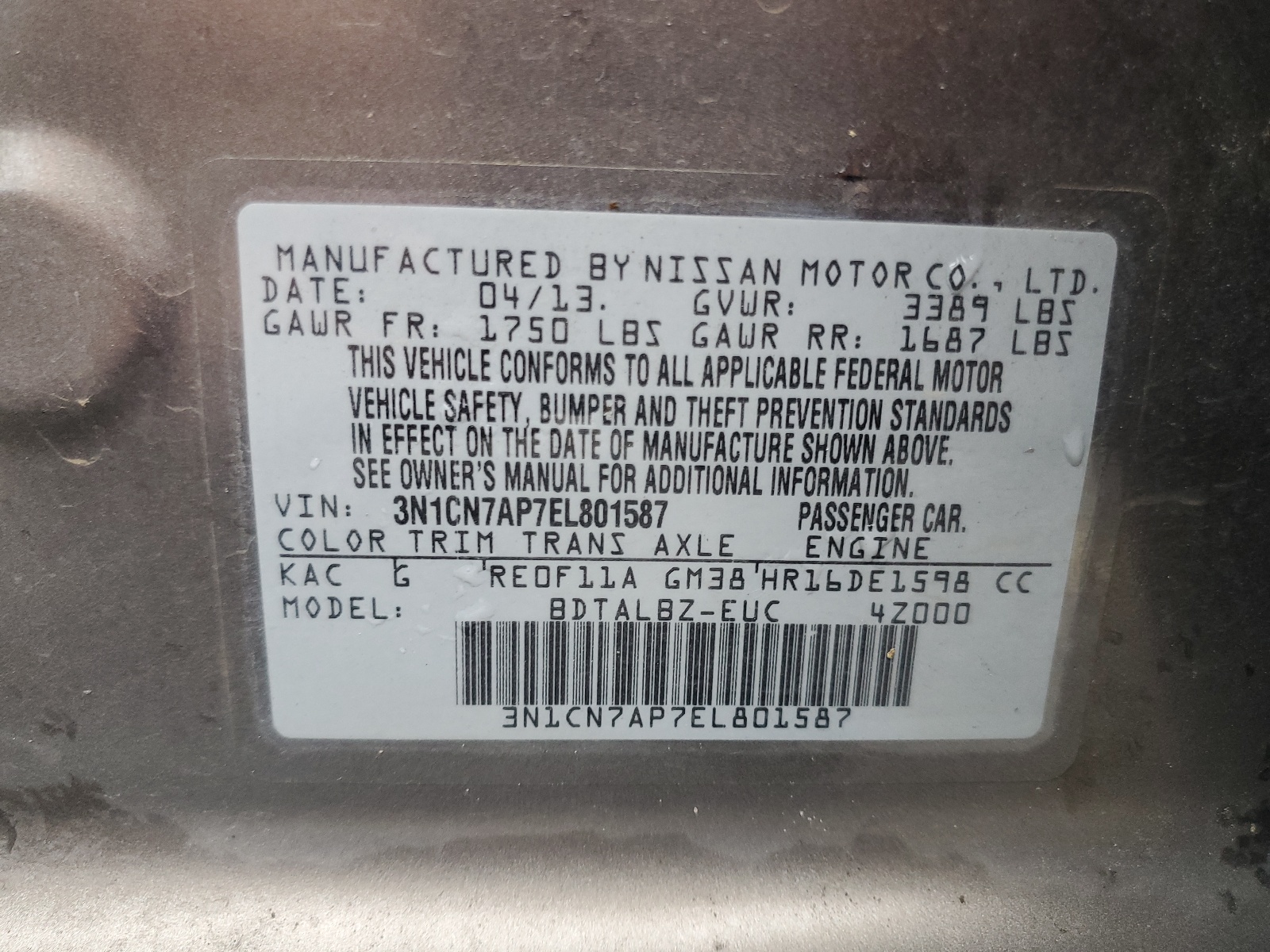 3N1CN7AP7EL801587 2014 Nissan Versa S