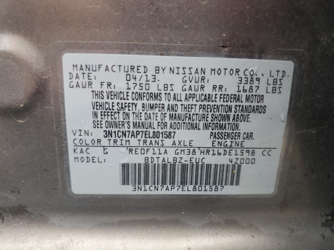 2014 Nissan Versa S VIN: 3N1CN7AP7EL801587 Lot: 63999134