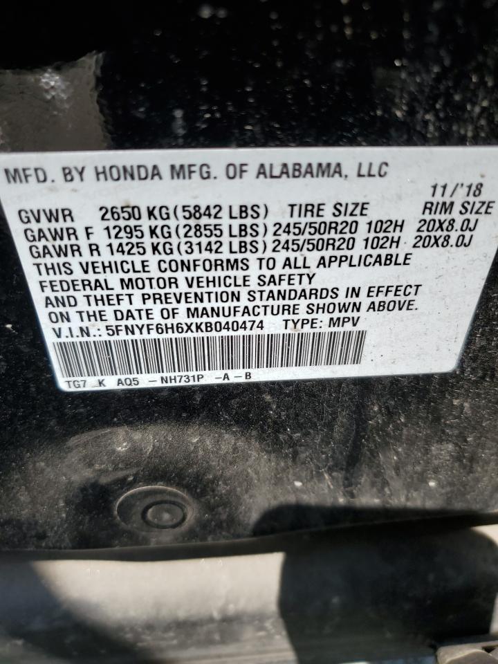 2019 Honda Pilot Touring VIN: 5FNYF6H6XKB040474 Lot: 64501314