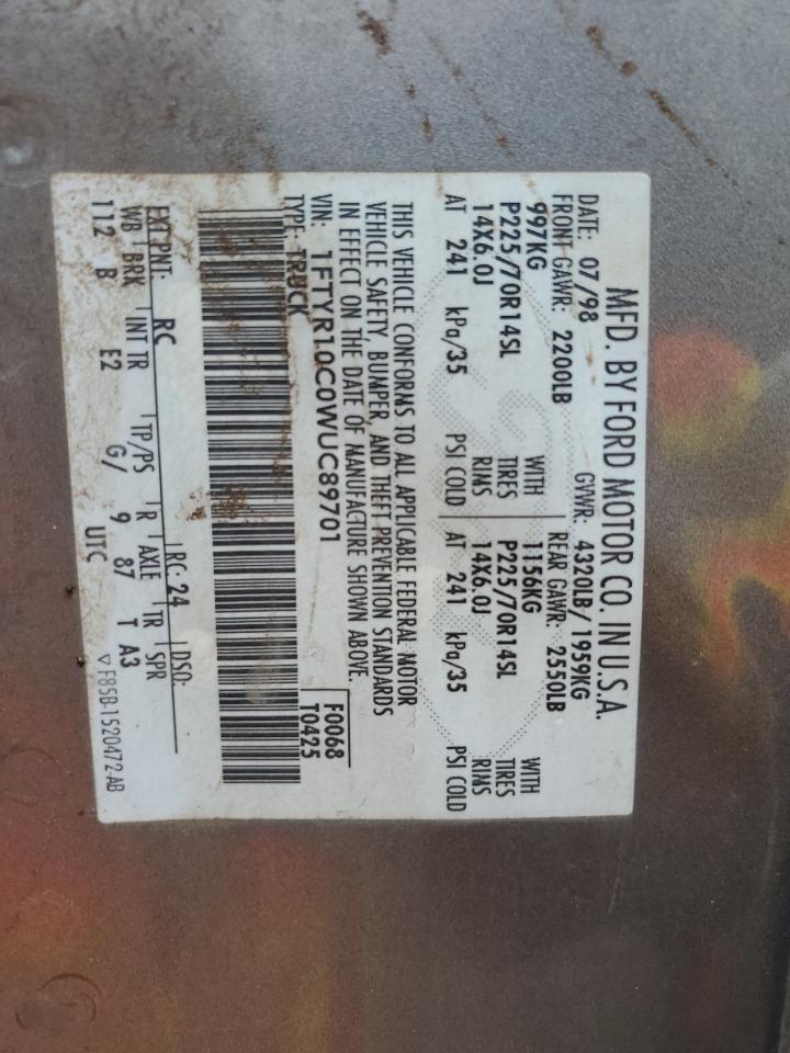 1998 Ford Ranger VIN: 1FTYR10C0WUC89701 Lot: 63664074