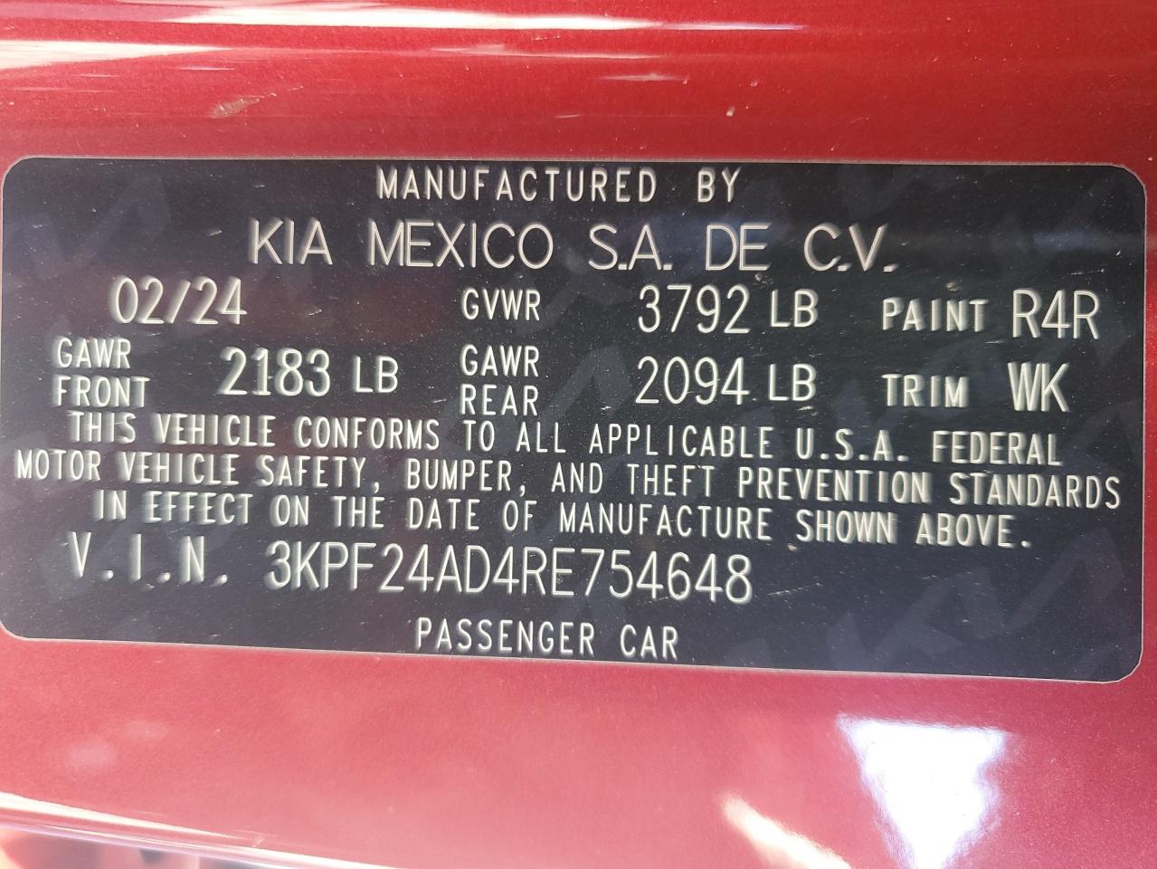 2024 Kia Forte Lx VIN: 3KPF24AD4RE754648 Lot: 64884644