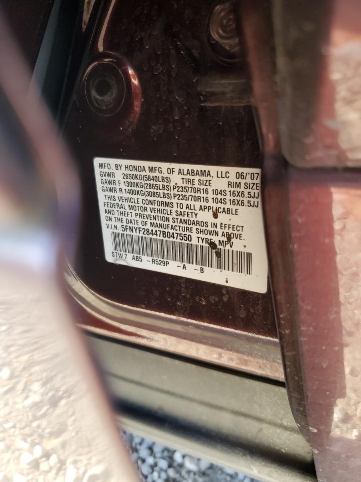 2007 Honda Pilot Ex VIN: 5FNYF28447B047550 Lot: 65177044