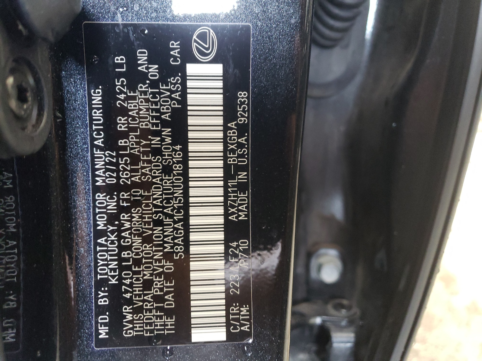 58AGA1C15NU018164 2022 Lexus Es 300H Base