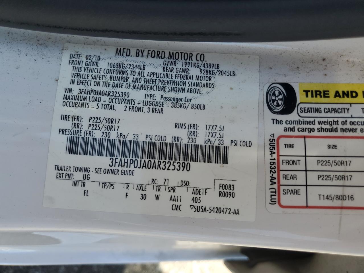 2010 Ford Fusion Sel VIN: 3FAHP0JA0AR325390 Lot: 63728704