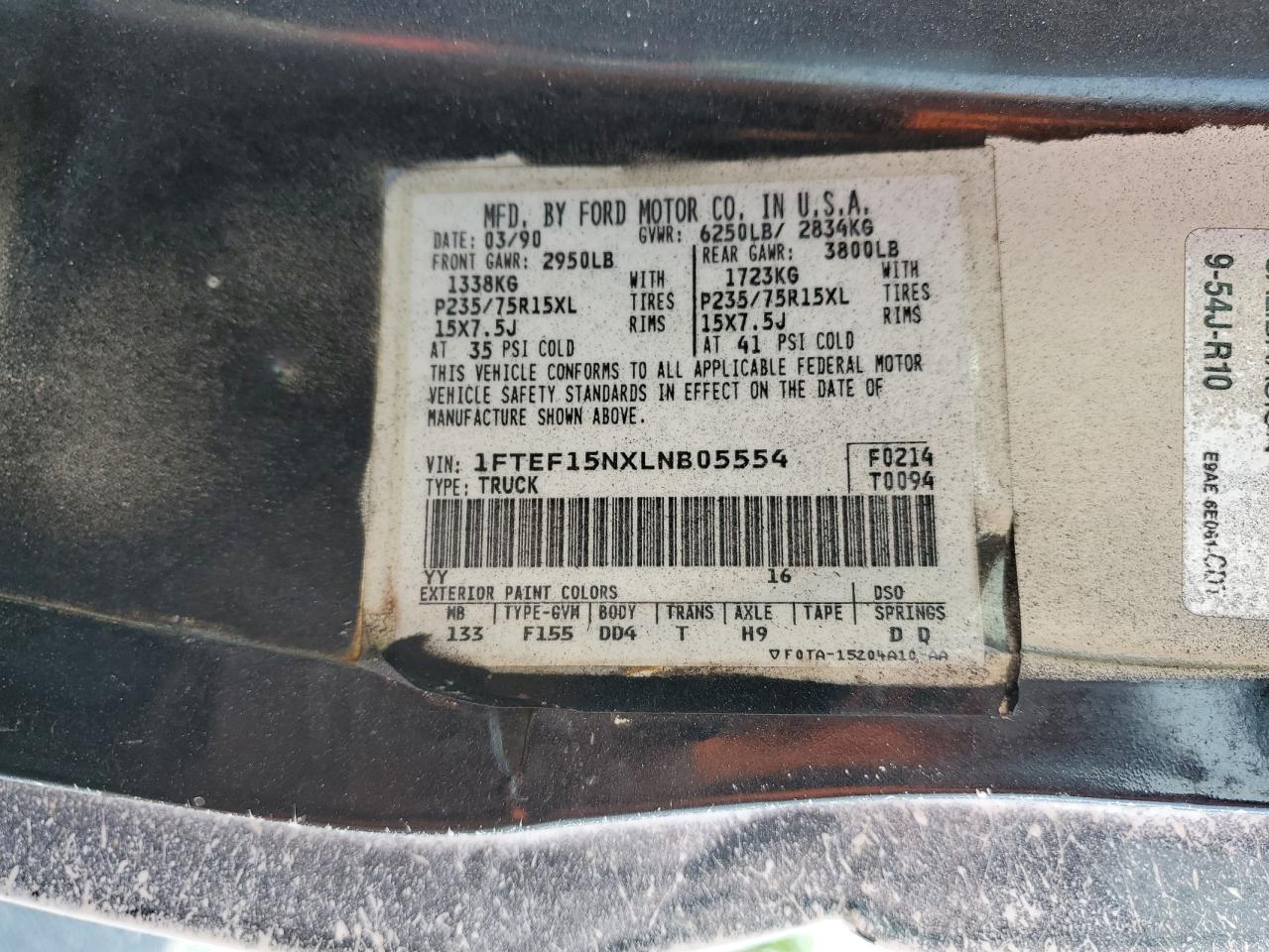 1990 Ford F150 VIN: 1FTEF15NXLNB05554 Lot: 63228764