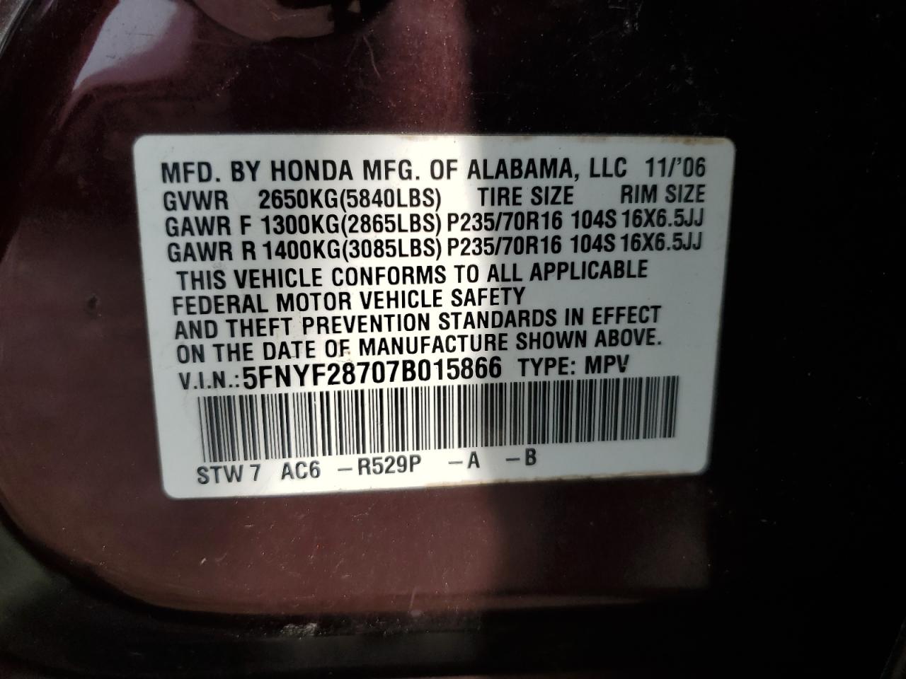 2007 Honda Pilot Exl VIN: 5FNYF28707B015866 Lot: 65181404