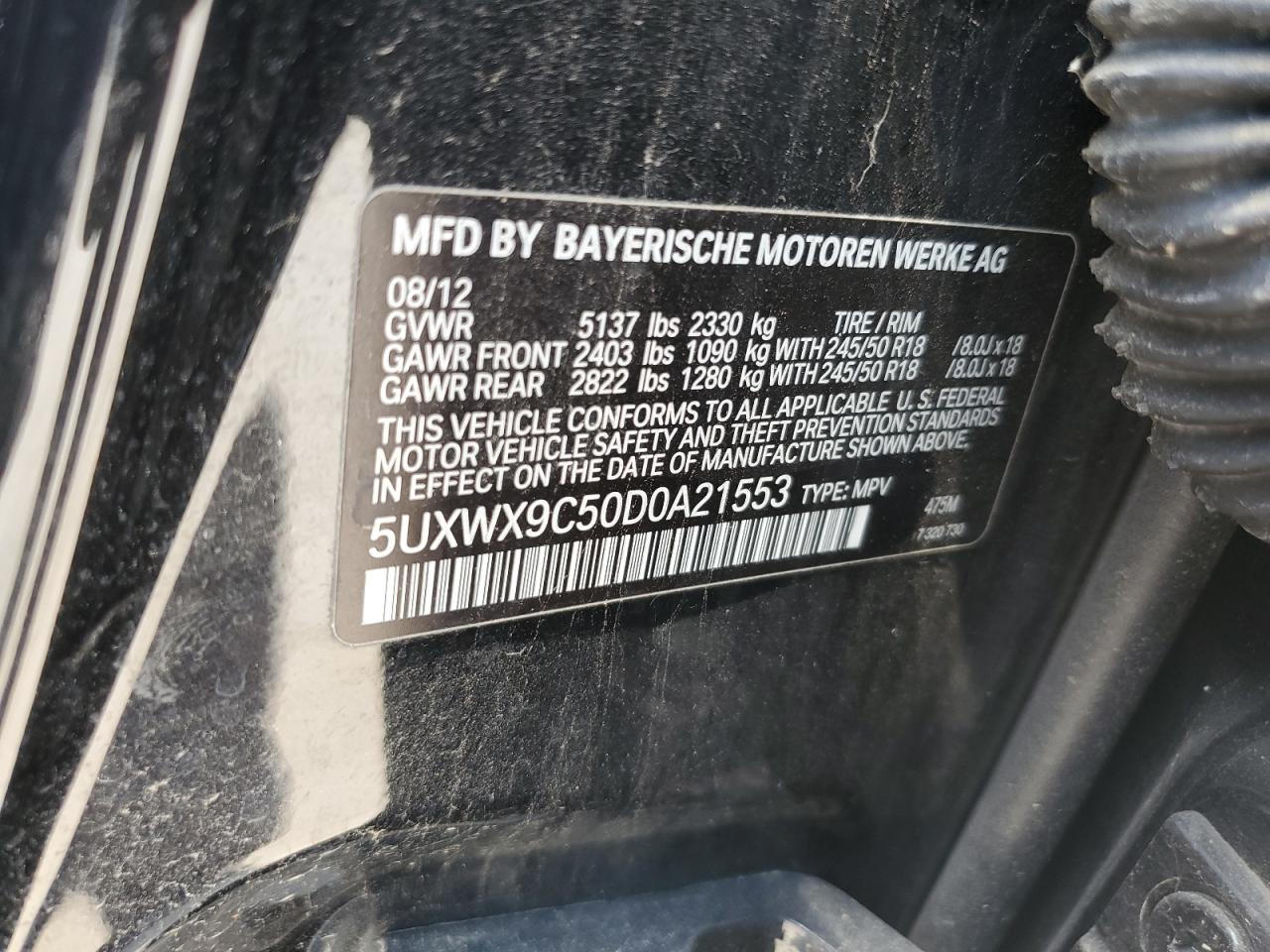 2013 BMW X3 xDrive28I VIN: 5UXWX9C50D0A21553 Lot: 62725184