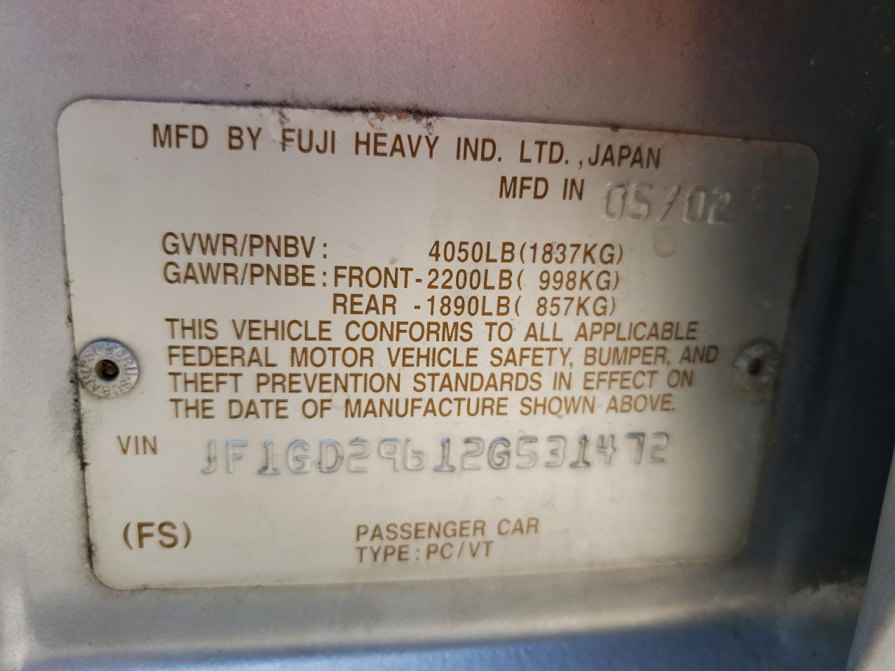 2002 Subaru Impreza Wrx VIN: JF1GD29612G531472 Lot: 65601884