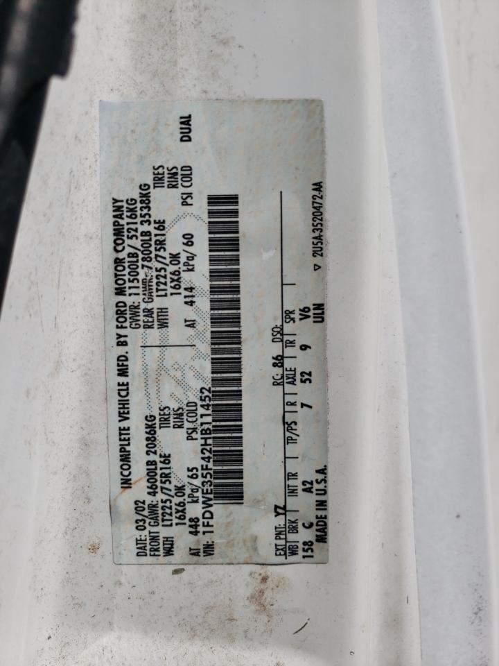 2002 Ford Econoline E350 Super Duty Cutaway Van VIN: 1FDWE35F42HB11452 Lot: 59829374