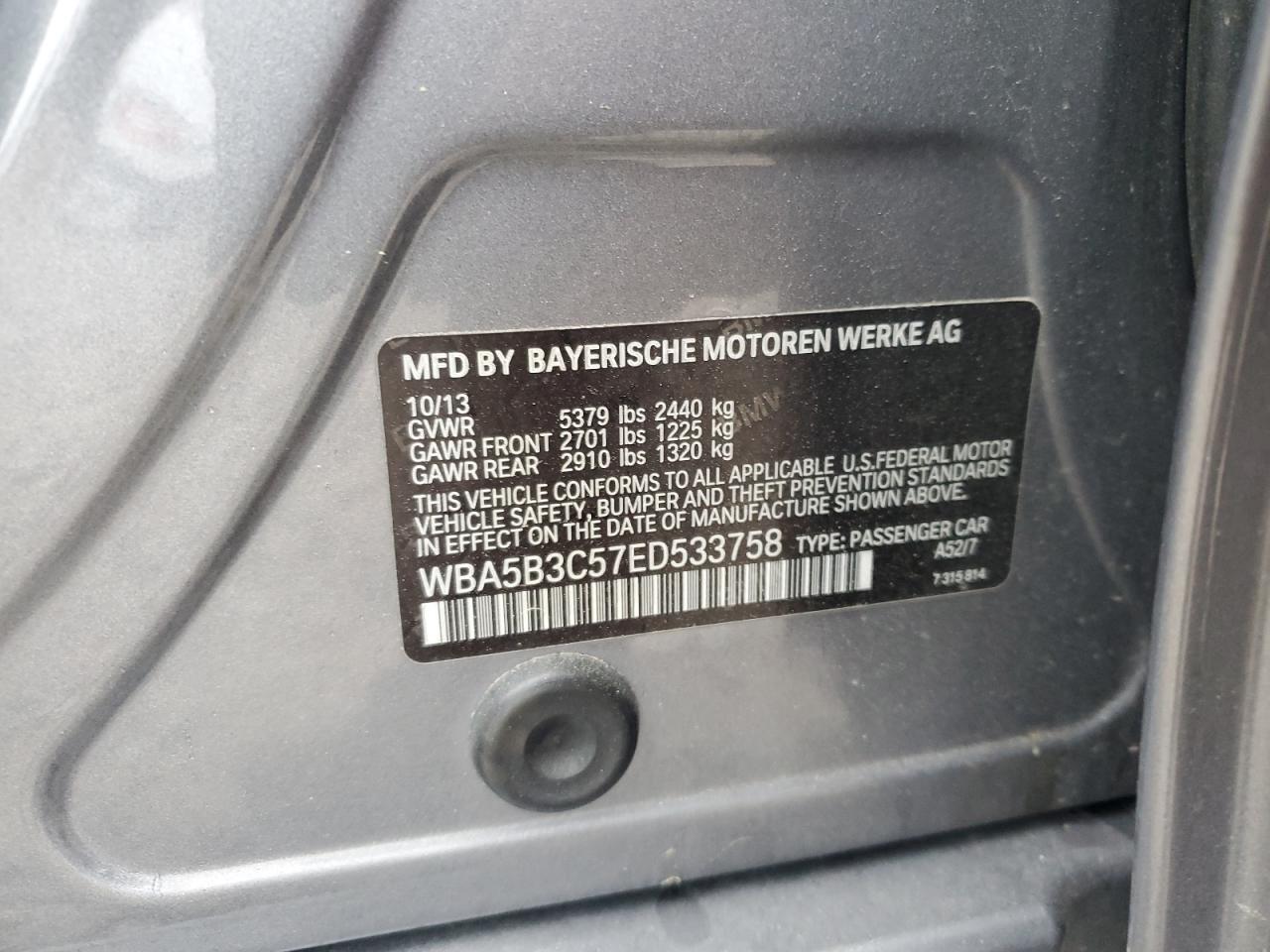 2014 BMW 535 Xi VIN: WBA5B3C57ED533758 Lot: 62694094