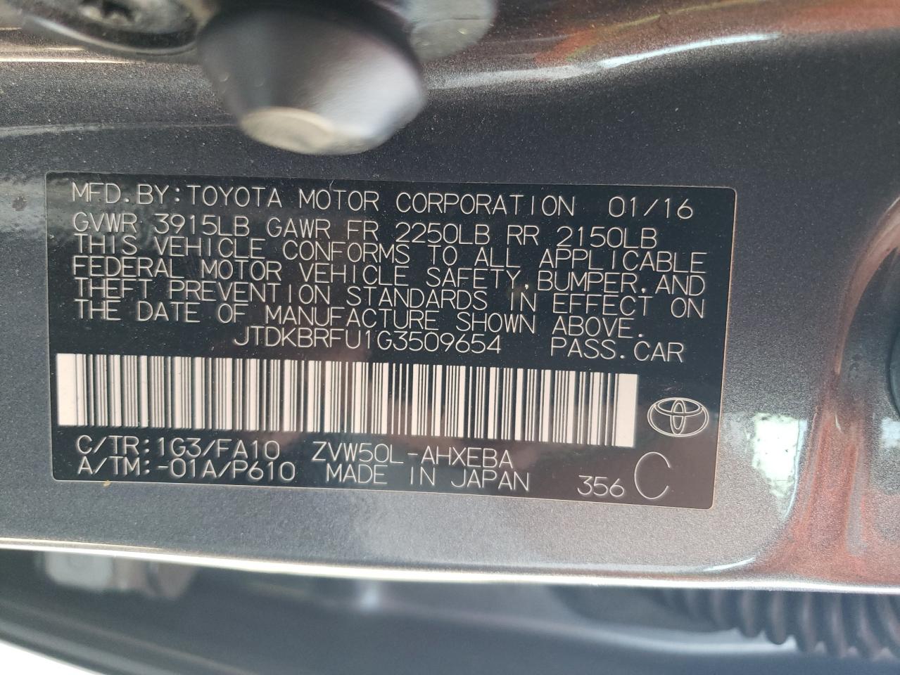 2016 Toyota Prius VIN: JTDKBRFU1G3509654 Lot: 63647874