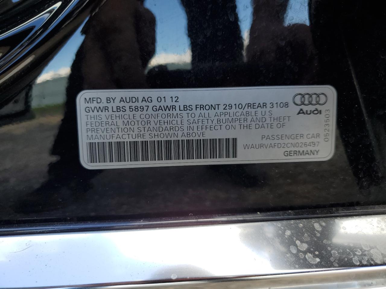 2012 Audi A8 L Quattro VIN: WAURVAFD2CN026497 Lot: 62001424