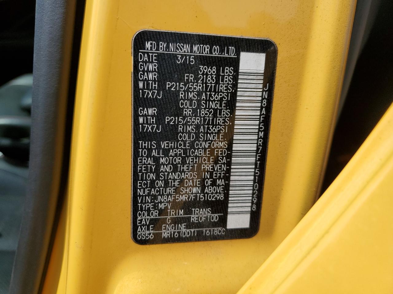 2015 Nissan Juke S VIN: JN8AF5MR7FT510298 Lot: 61884514