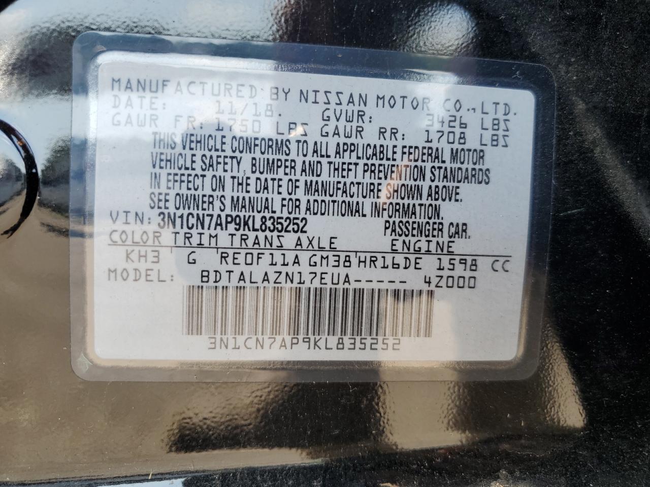 3N1CN7AP9KL835252 2019 Nissan Versa S