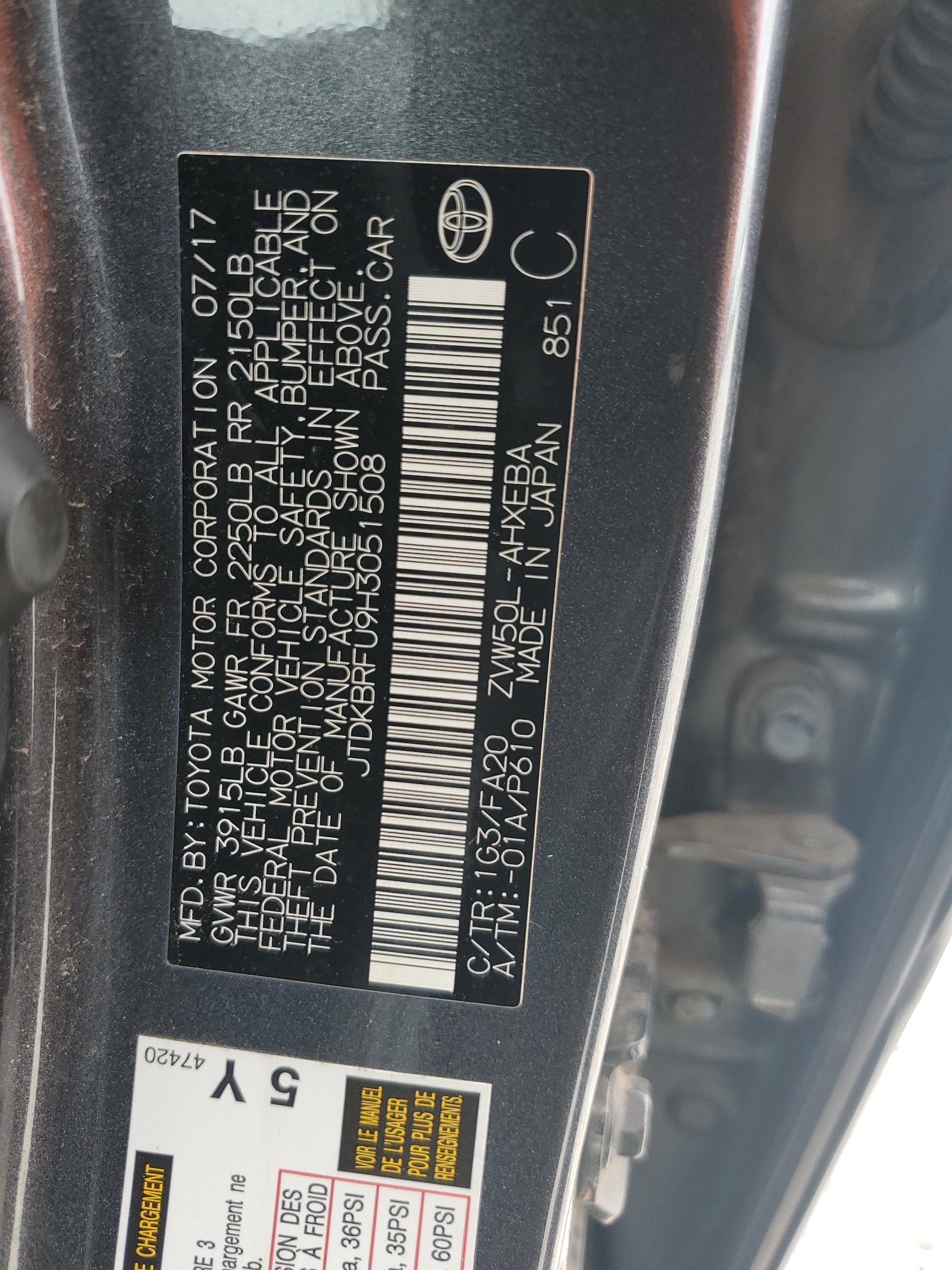 JTDKBRFU9H3051508 2017 Toyota Prius