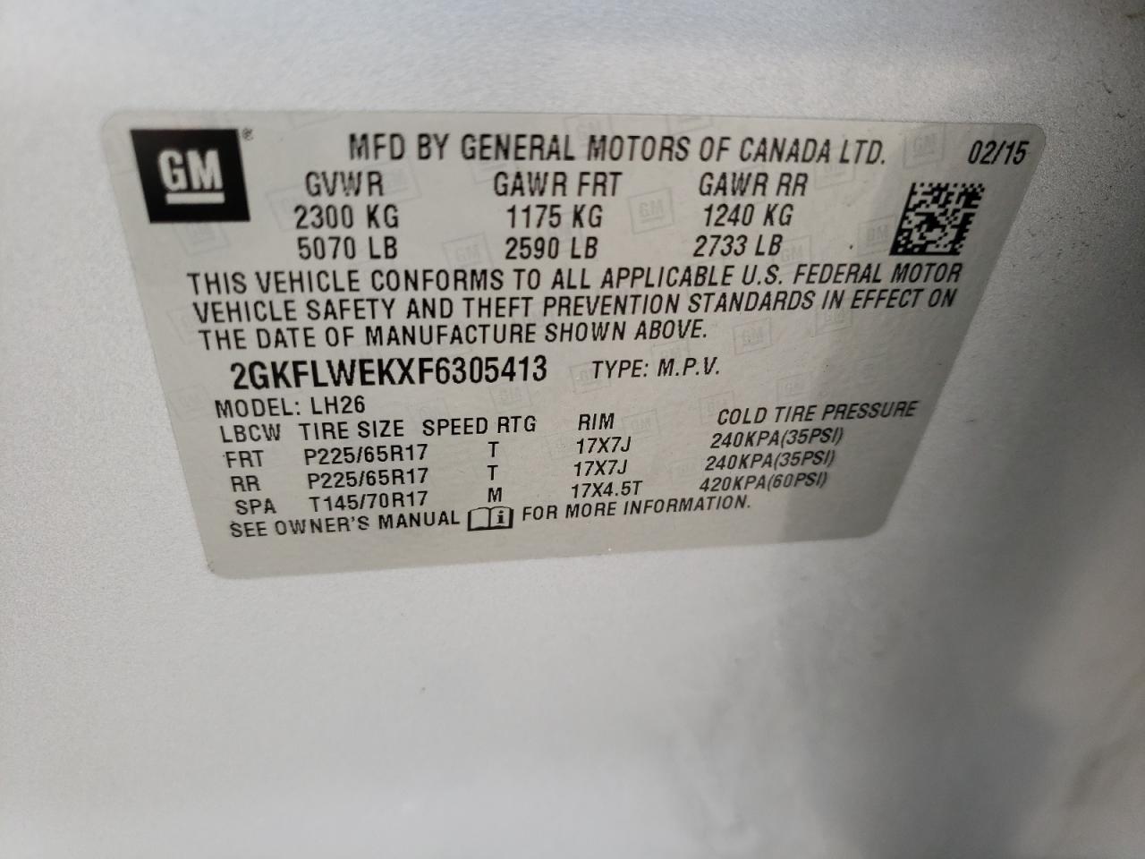 2015 GMC Terrain Sle VIN: 2GKFLWEKXF6305413 Lot: 64956334