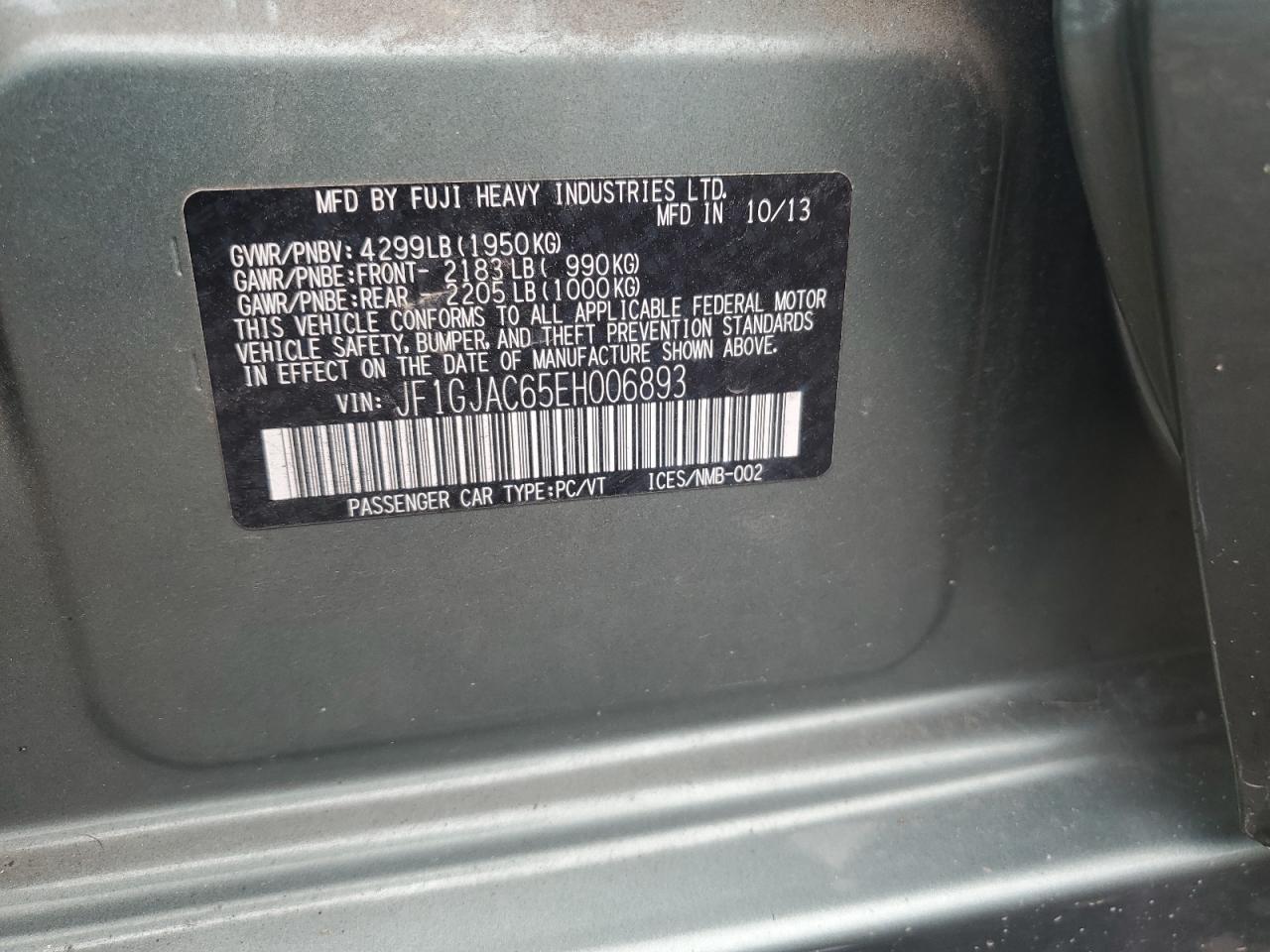 2014 Subaru Impreza Premium VIN: JF1GJAC65EH006893 Lot: 62519014