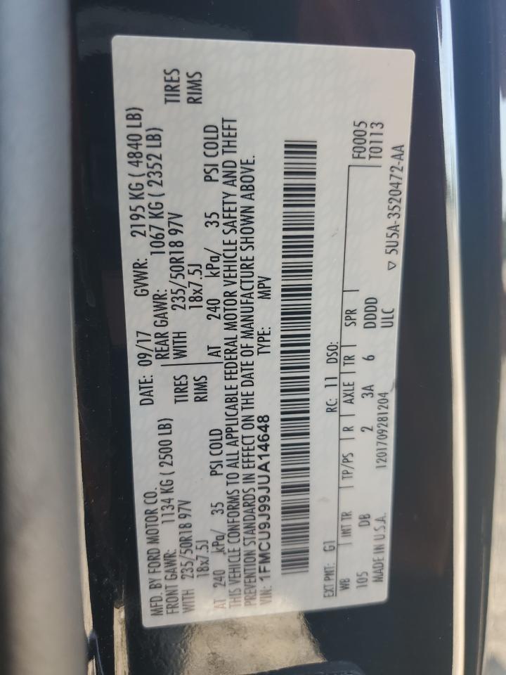 2018 Ford Escape Titanium VIN: 1FMCU9J99JUA14648 Lot: 63611504