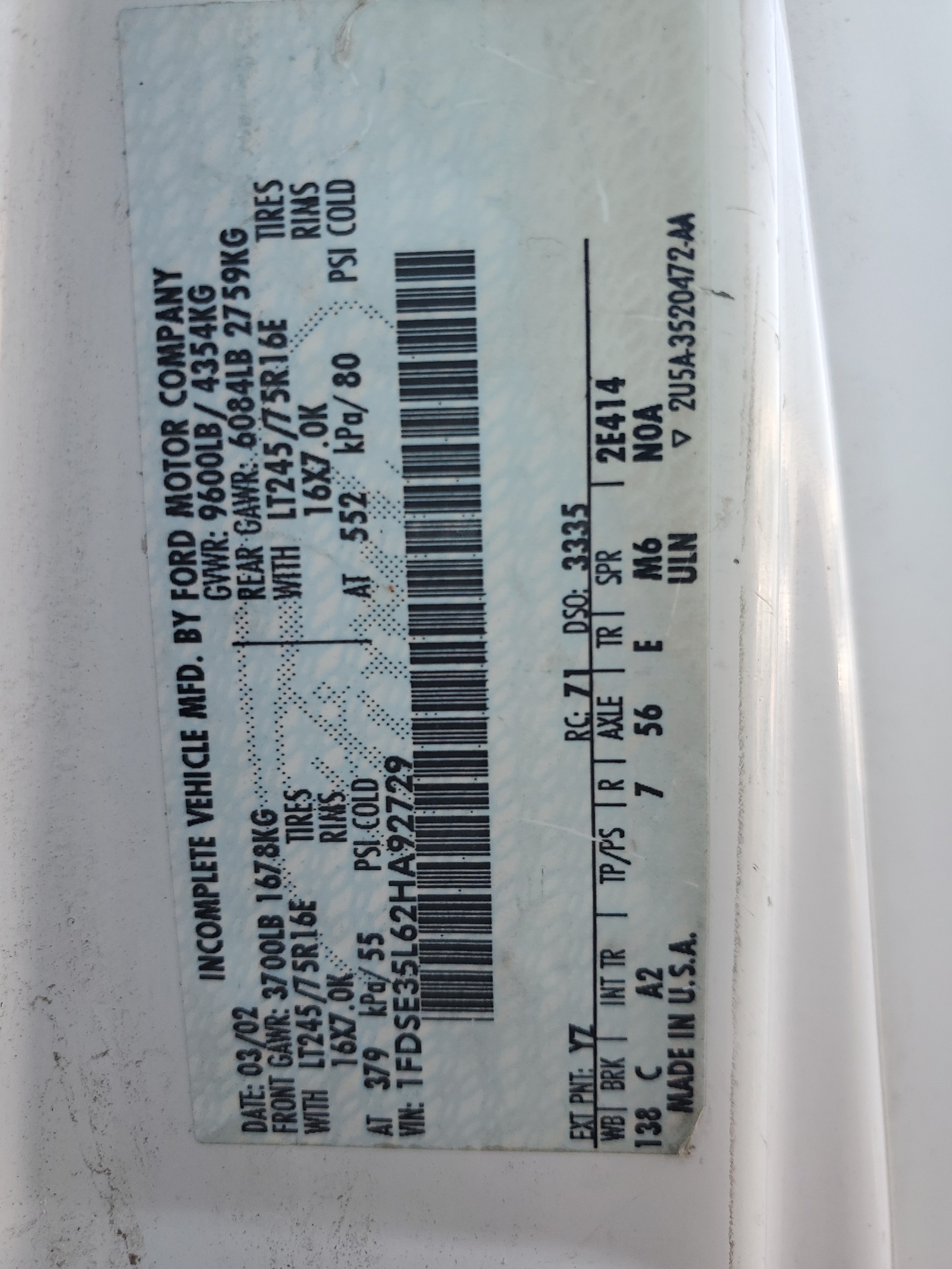 1FDSE35L62HA92729 2002 Ford Econoline E350 Super Duty Cutaway Van