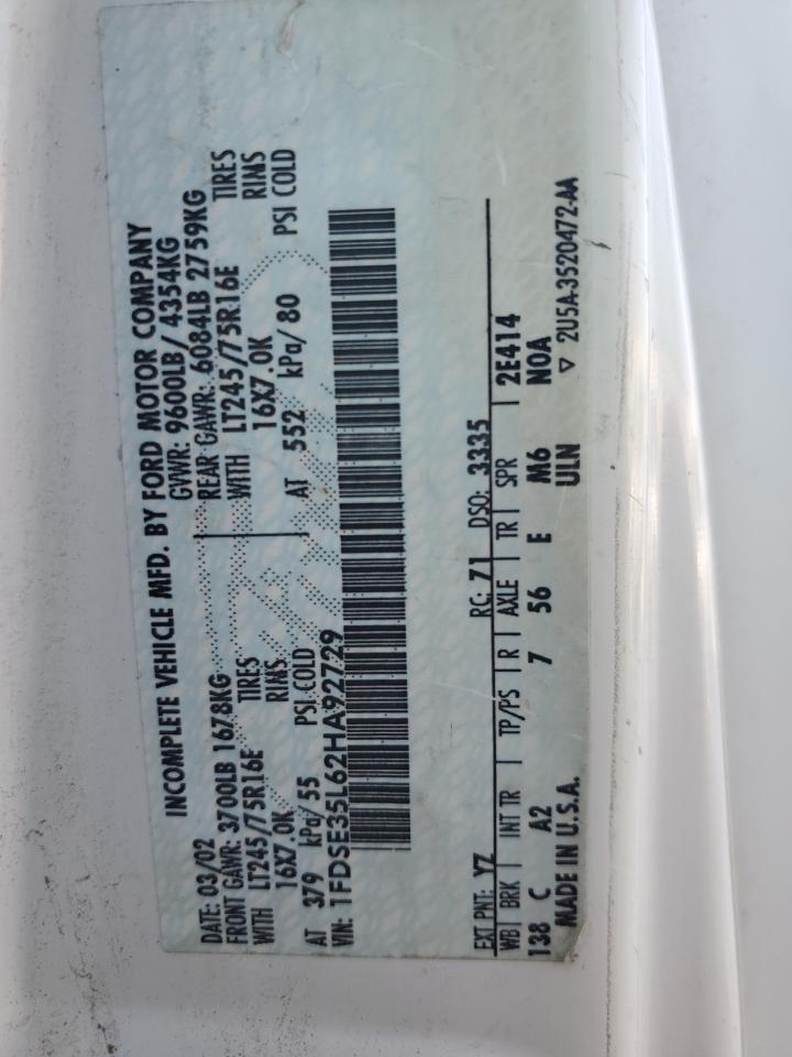 2002 Ford Econoline E350 Super Duty Cutaway Van VIN: 1FDSE35L62HA92729 Lot: 62091994