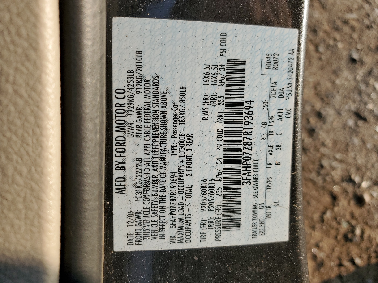 3FAHP07Z87R193694 2007 Ford Fusion Se