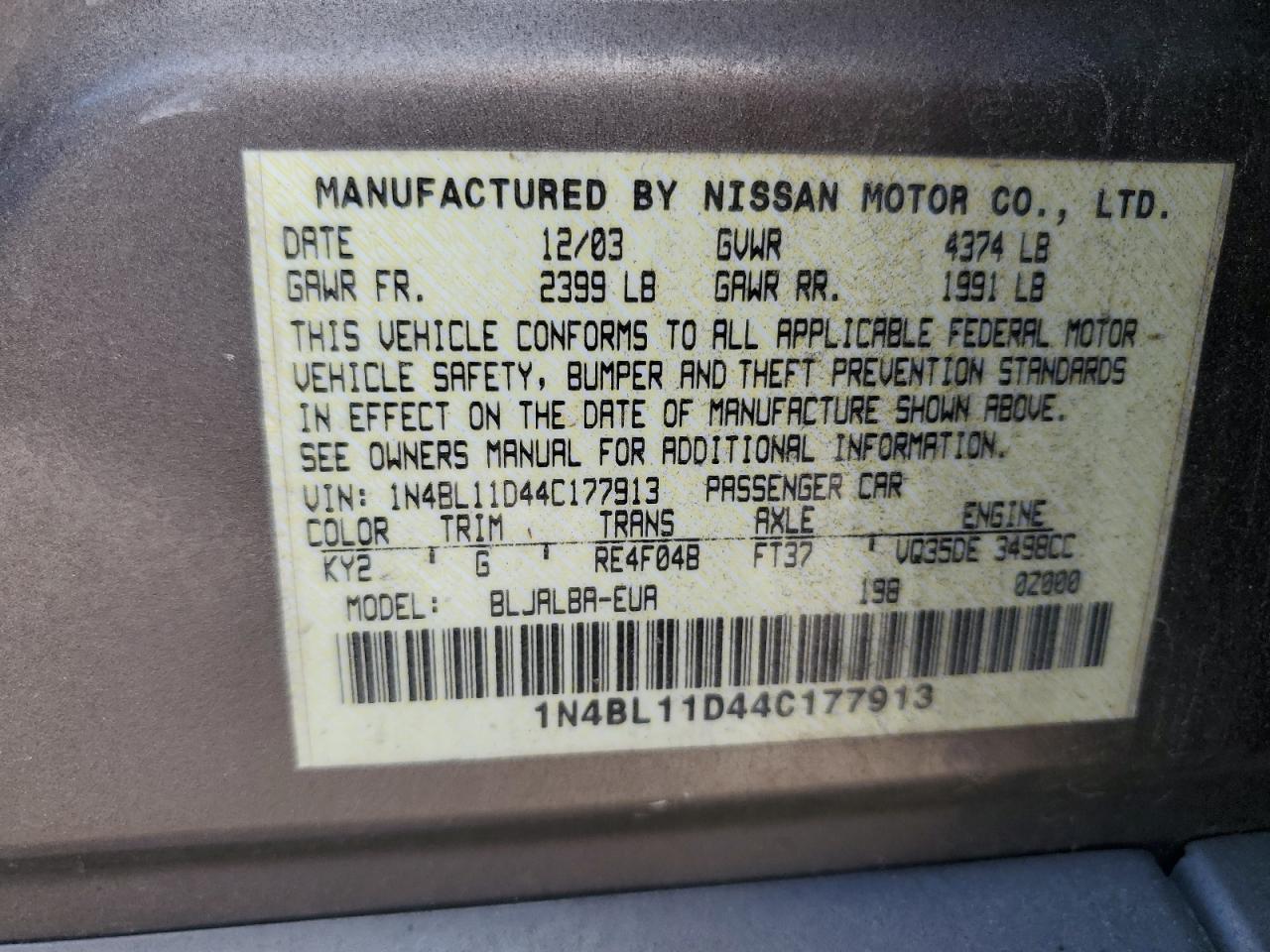 2004 Nissan Altima Se VIN: 1N4BL11D44C177913 Lot: 65465754